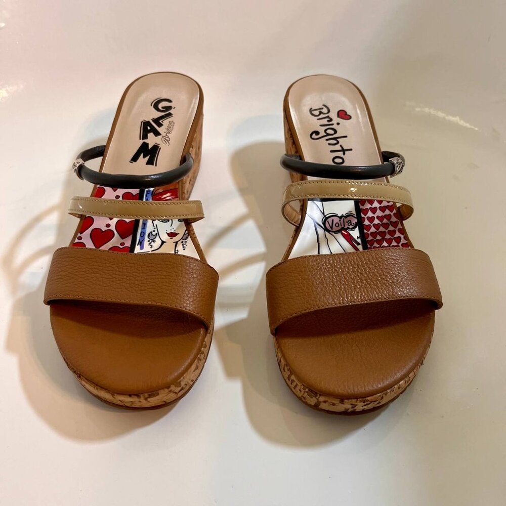 Brighton Harper Tan Beige Glam Cork Wedge Slip On Strappy Sandals Size 9.5 - Picture 3 of 14